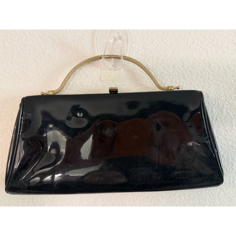 Vintage 1950s Black Patent Leather Clutch Gold Mesh Handle Mid Century Bag